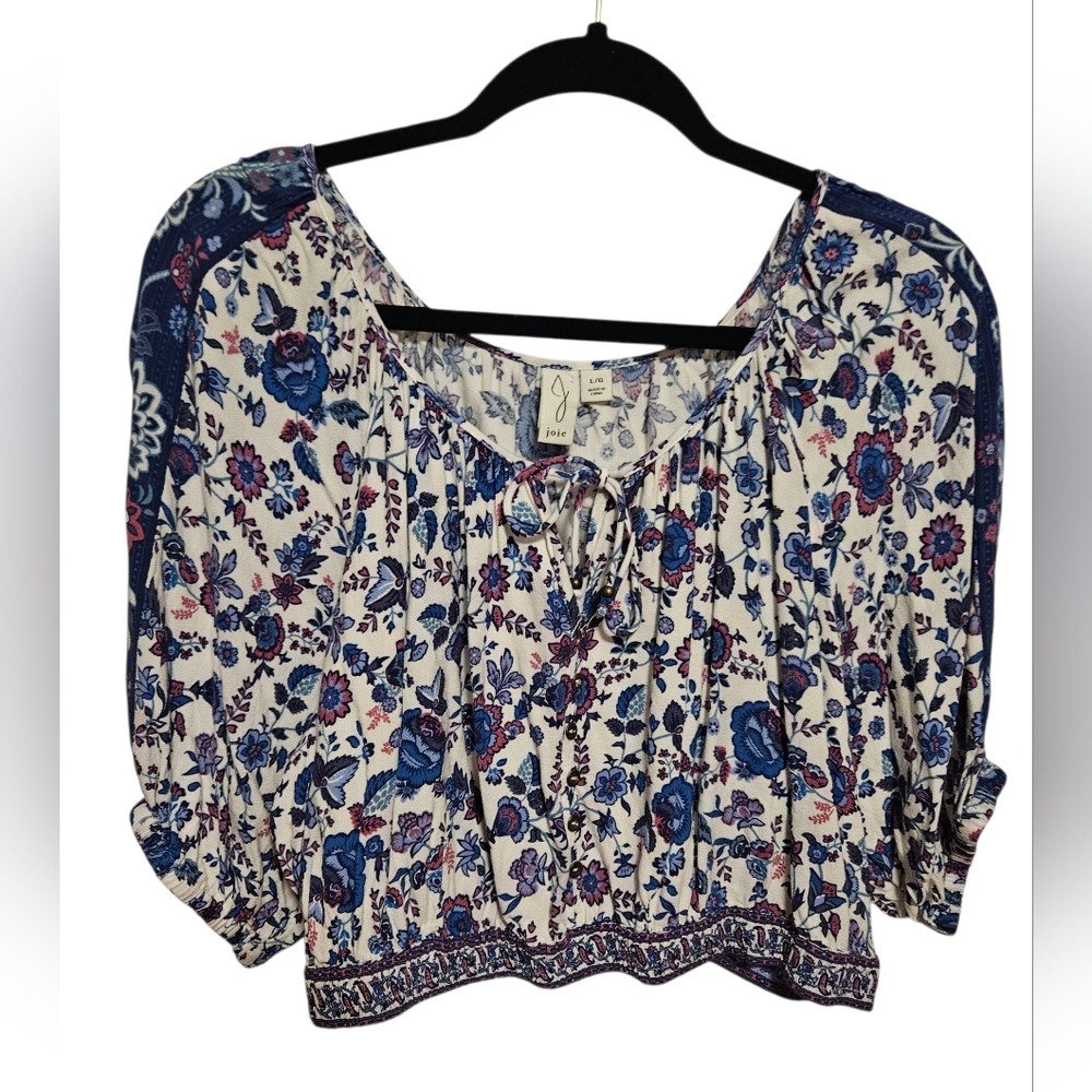 Joie Blue Pink Purple Floral Crop Top Blouse, Sz Large, Boho